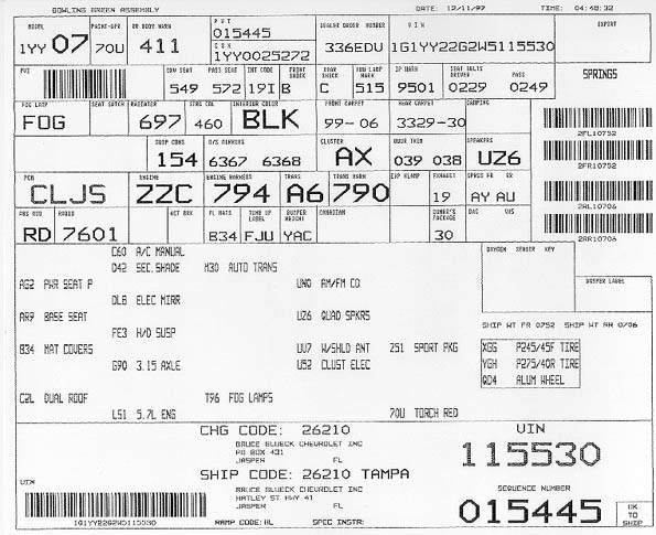 Corvette Build Sheet